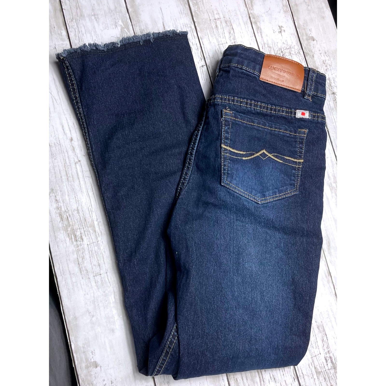 Lucky Brand Youth Girls 14 Mid Rise Flare Jeans Blue Denim Stretch Raw Hem